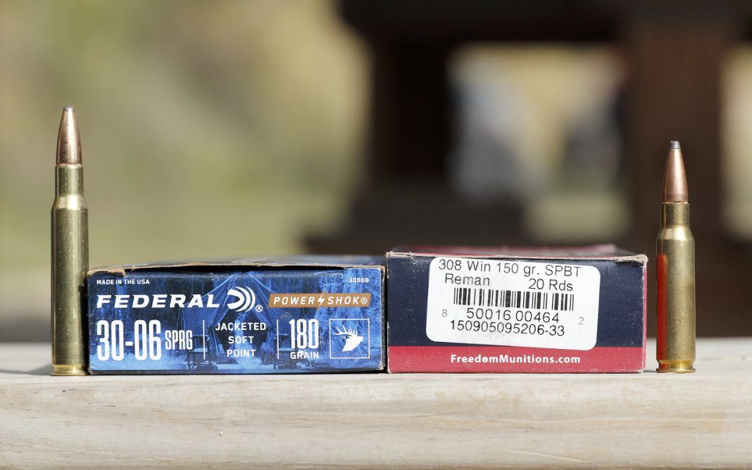 A Box and a cartridge of each, 30-06 and .308 ammunition