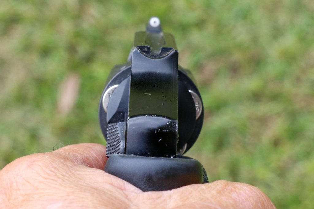 Smaller recoil shields on most modern double action revolvers such as this Smith & Wesson Model 340 M&P DO allow shooter to see cartridge rims from the view directly behind the gun.