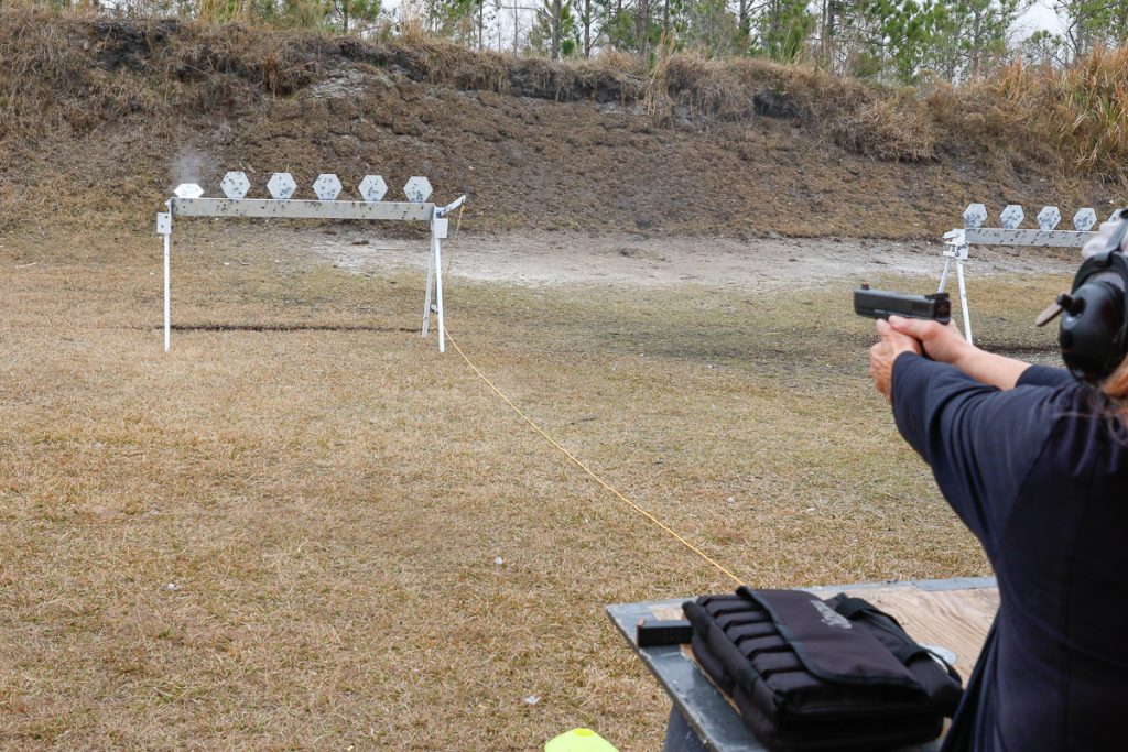 Gail PEpinShooting the falling plates with a Glock 17 RTF II.